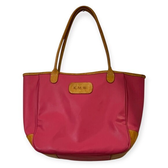 Jon Hart Design Tote Bag Pink Tan Leather Trim Monogram K.M.W. Personalized USA - Picture 1 of 11